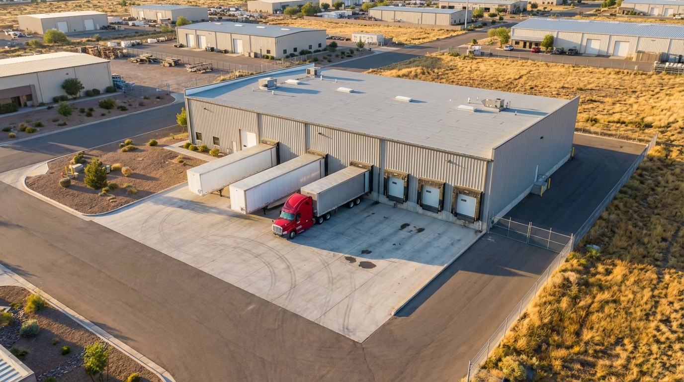 Warehouse dock with trucks